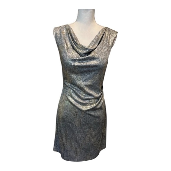 White House Black Market Dresses & Skirts - NWT White House Black Market Gray Gold Metallic Drape Neck Shine Dress Size 6